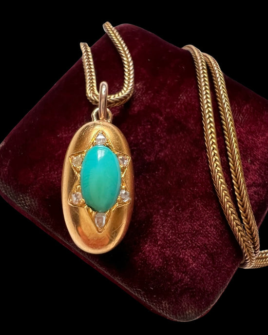 ANTIQUE TURQUOISE & DIAMOND 18CT GOLD EGG PENDANT