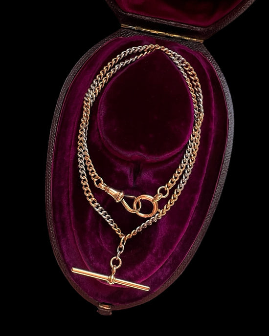 ANTIQUE BI-COLOUR 18CT GOLD & PLATINUM CURB ALBERT CHAIN