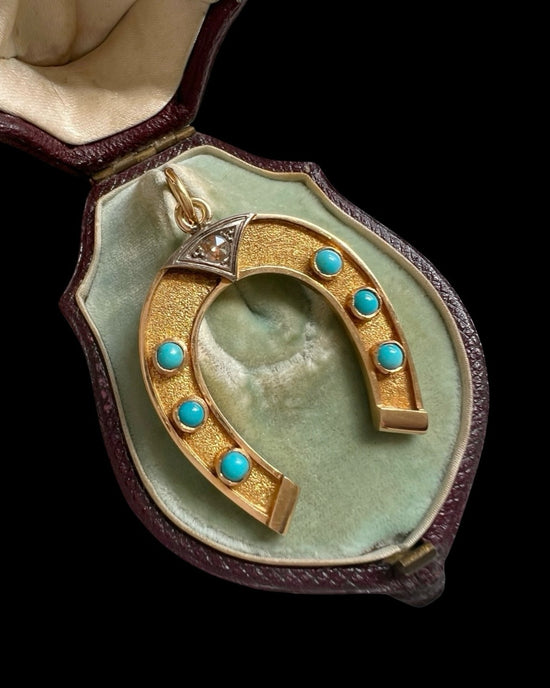 LARGE 18CT GOLD TURQUOISE & DIAMOND HORSESHOE PENDANT