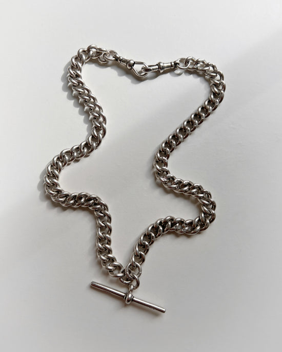 ANTIQUE CHUNKY SILVER CURB ALBERT CHAIN WITH T-BAR