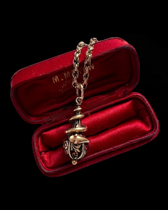 VICTORIAN 15CT COILED SNAKE & ENEMAL DROP PENDANT