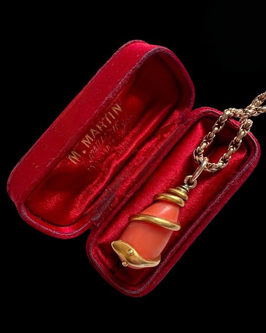 VICTORIAN 15CT GOLD COILED SNAKE & CORAL PENDANT