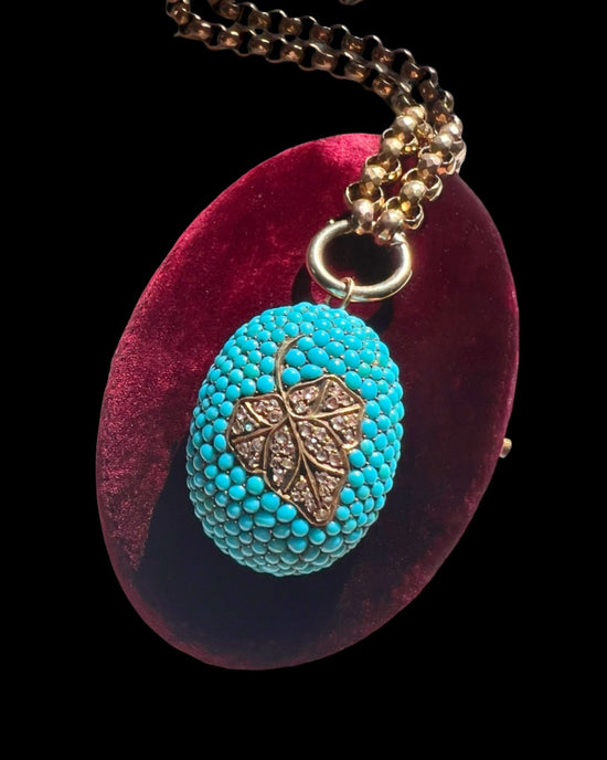 VICTORIAN DIAMOND LEAF & PAVÉ TURQUOISE BOMBE PENDANT