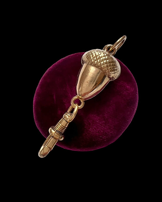 ANTIQUE 9CT GOLD ACORN & DOG CLIP CHAIN EXTENDER / BAIL