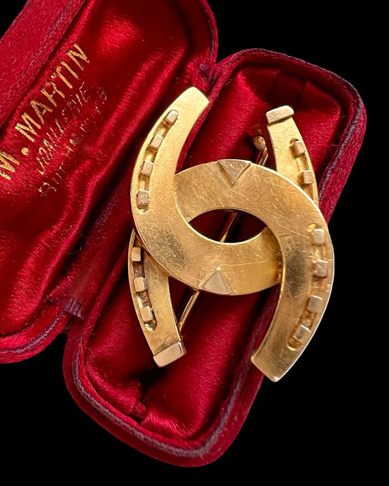 VICTORIAN 15CT GOLD DOUBLE HORSESHOE BROOCH