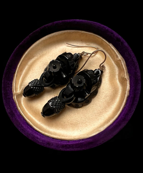 VICTORIAN WHITBY JET ACORN EARRINGS