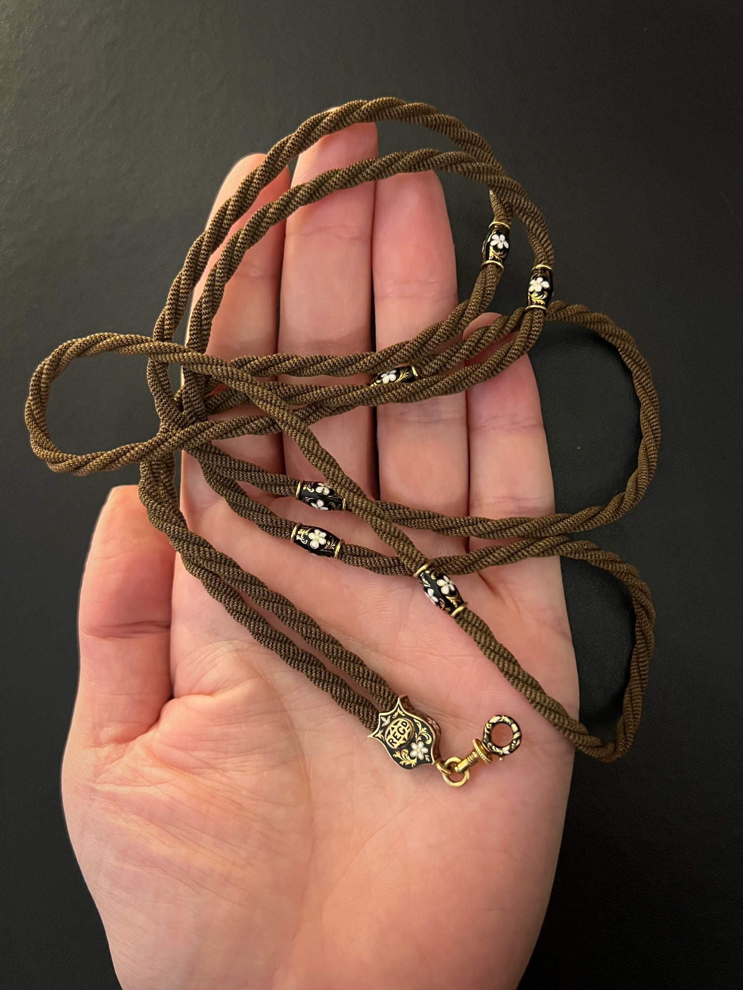 VICTORIAN HAIR NECKLACE WITH HIGH CARAT GOLD ENAMAL FITTINGS DOG C The Old Cut