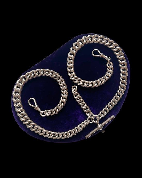 HEAVY ANTIQUE SILVER CURB ALBERT CHAIN WITH TBAR