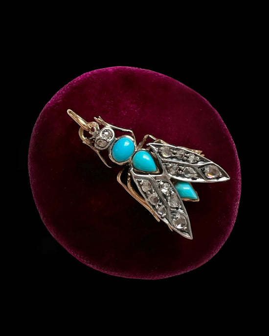 ANTIQUE DIAMOND & TURQUOISE SET FLY PENDANT