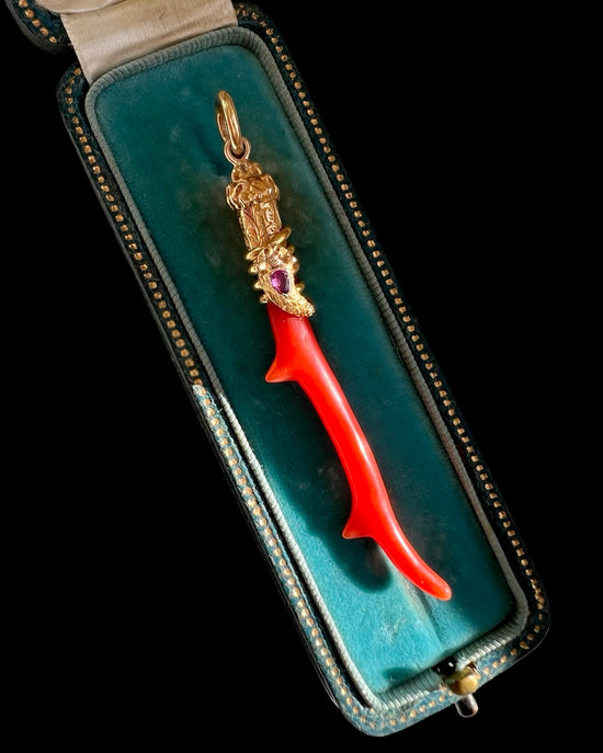 ANTIQUE 15CT GOLD SNAKE & CORAL PENDANT