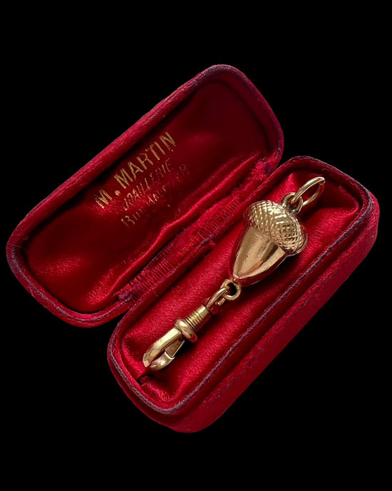 ANTIQUE 9CT GOLD ACORN & DOG CLIP CHAIN EXTENDER / BAIL