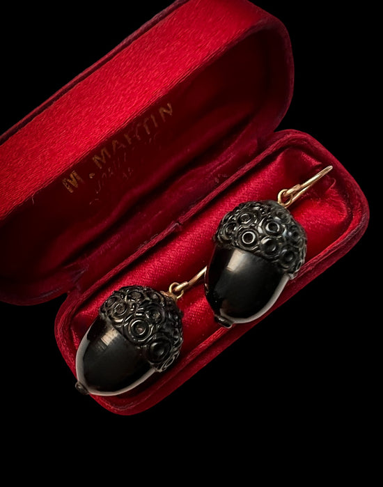VICTORIAN WHITBY JET ACORN EARRINGS