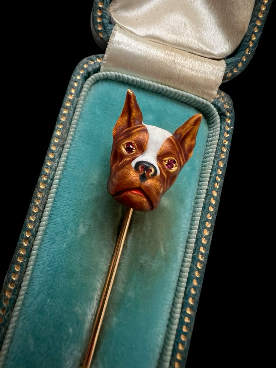 ANTIQUE ENAMEL ‘FRENCHIE’ DOG STICK PIN