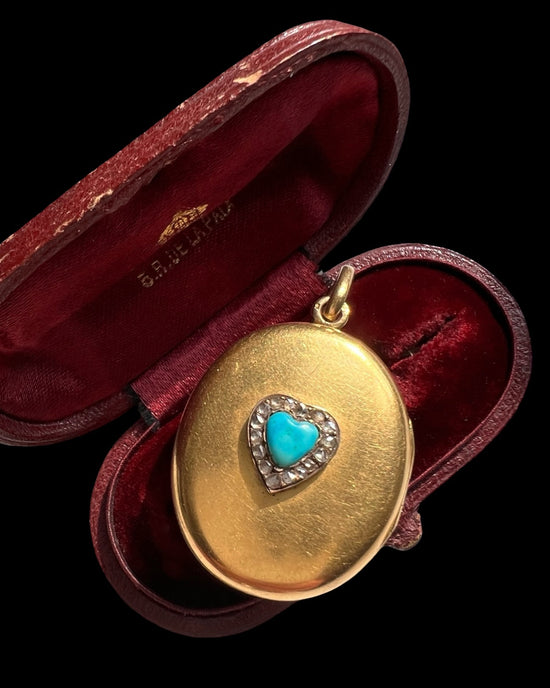 VICTORIAN 15CT GOLD LOCKET WITH TURQUOISE & DIAMOND HEART MOTIF
