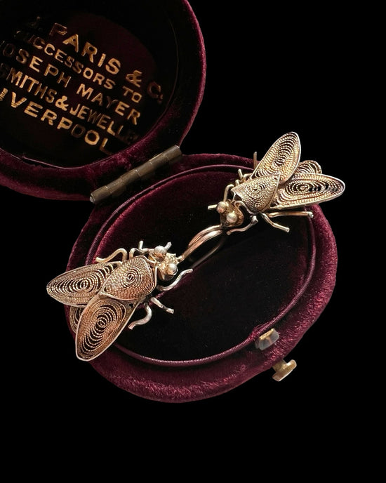 ANTIQUE SILVER GILT FLY EARRINGS