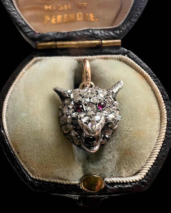 VICTORIAN LARGE SNARLING DIAMOND FOX HEAD PENDANT