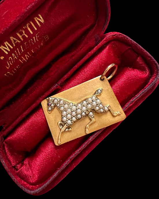 ANTIQUE PEARL & 15CT GOLD HORSE TOKEN PENDANT