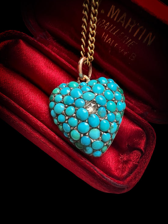 VICTORIAN PAVÉ TURQUOISE & DIAMOND HEART PENDANT