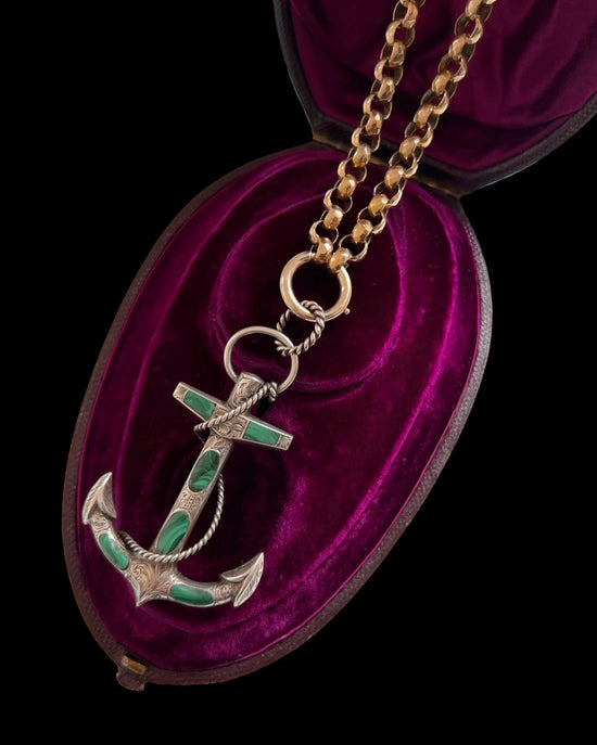 VICTORIAN MALACHITE & SILVER ANCHOR PENDANT