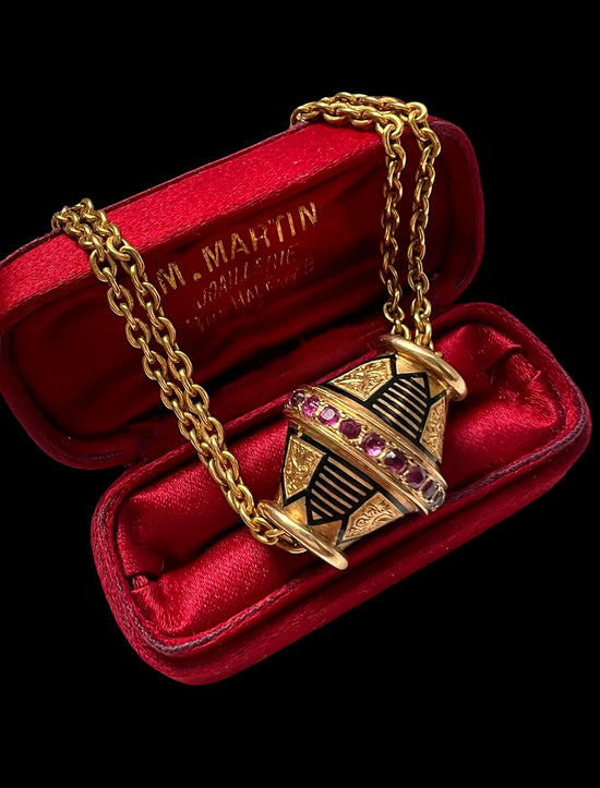 19TH CENTURY RUBY & ENAMEL 18CT GOLD SLIDER PENDANT