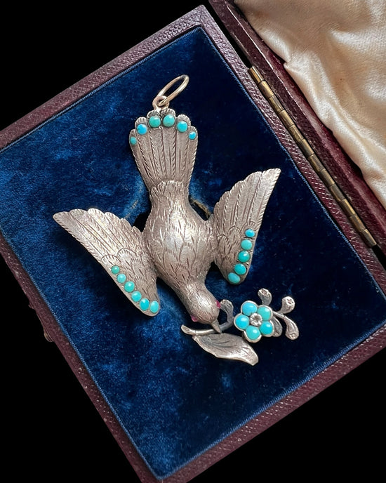 VICTORIAN SILVER & TURQUOISE DOVE PENDANT WITH ORIGINAL BOX