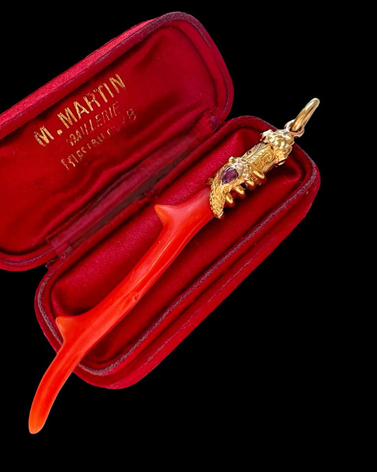 ANTIQUE 15CT GOLD SNAKE & CORAL PENDANT