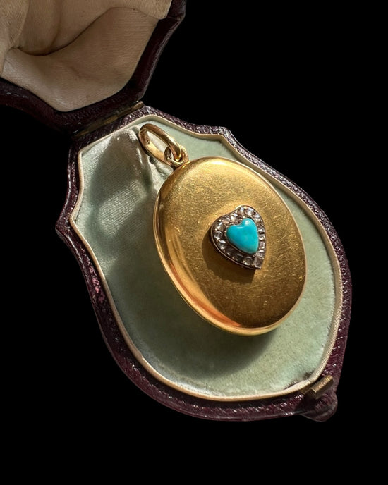 VICTORIAN 15CT GOLD LOCKET WITH TURQUOISE & DIAMOND HEART MOTIF