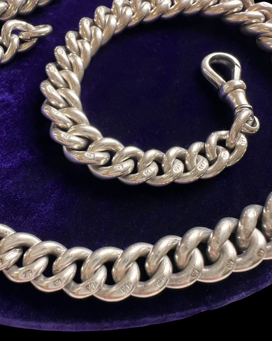 HEAVY ANTIQUE SILVER CURB ALBERT CHAIN WITH TBAR