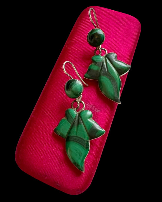 VICTORIAN MALACHITE & SILVER IVY LEAF EARRINGS
