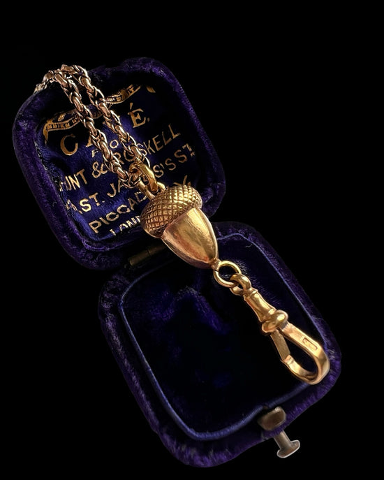 ANTIQUE 9CT GOLD ACORN & DOG CLIP CHAIN EXTENDER / BAIL