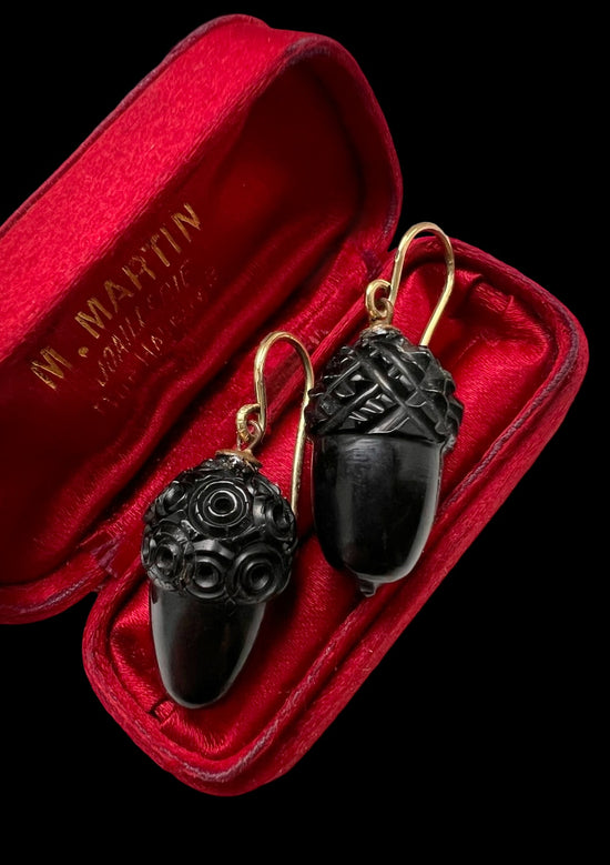 VICTORIAN WHITBY JET ACORN EARRINGS