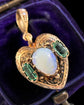 ANTIQUE 15CT GOLD ENGRAVED HEART SET WITH OPAL & EMERALD