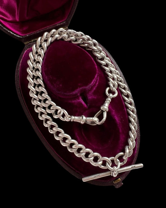 ANTIQUE CHUNKY SILVER CURB ALBERT CHAIN WITH T-BAR