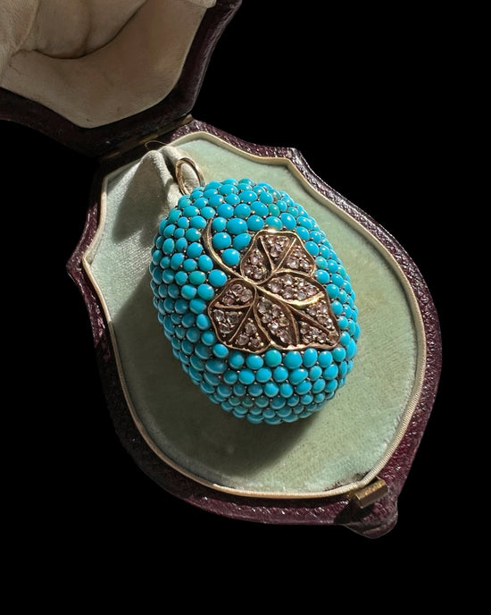 VICTORIAN DIAMOND LEAF & PAVÉ TURQUOISE BOMBE PENDANT
