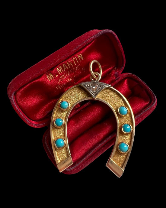 LARGE 18CT GOLD TURQUOISE & DIAMOND HORSESHOE PENDANT