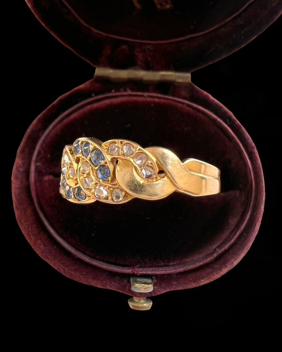 ANTIQUE DIAMOND & SAPPHIRE 18CT GOLD CHAIN RING