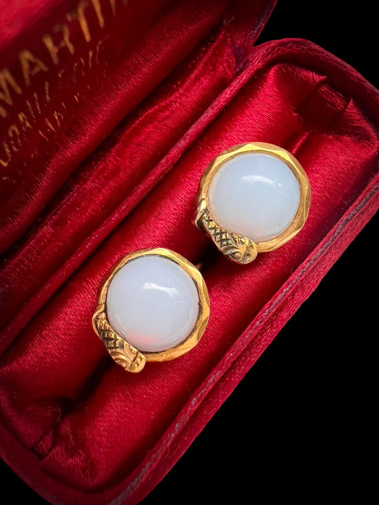 ANTIQUE 15CT GOLD SNAKE & OPALINE EARRINGS