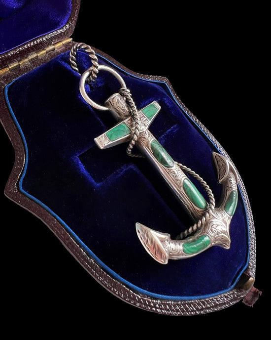 VICTORIAN MALACHITE & SILVER ANCHOR PENDANT