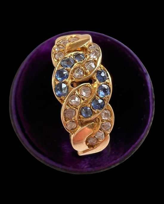 ANTIQUE DIAMOND & SAPPHIRE 18CT GOLD CHAIN RING