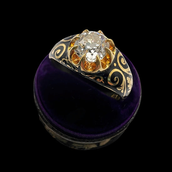 19TH CENTURY DIAMOND RING WITH BLACK ENAMEL SCROLL BAND