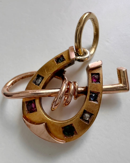 VICTORIAN 15CT GOLD & GEM SET HORSESHOE PENDANT