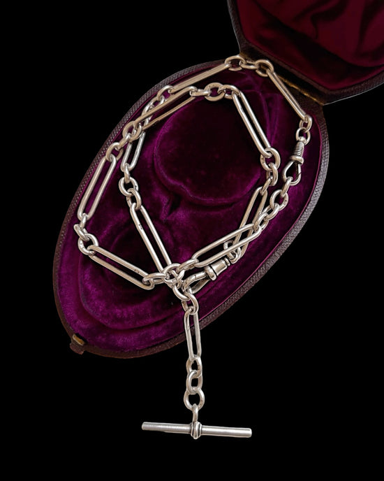 ANTIQUE SILVER PAPERCLIP ALBERT CHAIN WITH T-BAR