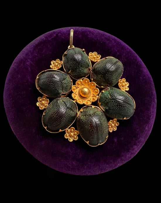 VICTORIAN SCARAB BEETLE & 15CT GOLD PENDANT