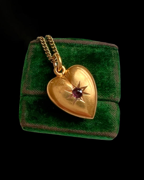 VICTORIAN 15CT GOLD & GARNET PUFFY HEART PENDANT