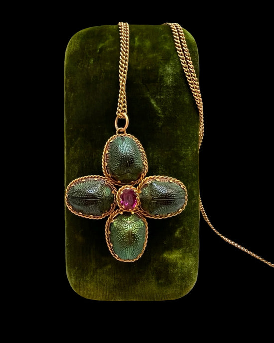 VICTORIAN SCARAB BEETLE & GARNET PENDANT / BROOCH