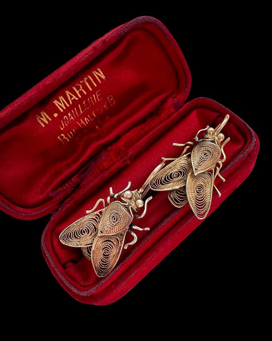 ANTIQUE SILVER GILT FLY EARRINGS