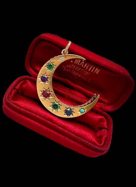 ANTIQUE GEM SET  ‘DEAREST’ CRESCENT PENDANT
