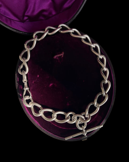 HUGE VICTORIAN TWIST OPEN CURB SILVER ALBERT CHAIN