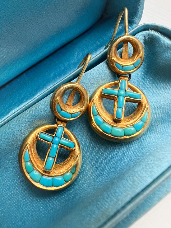 VICTORIAN TURQUOISE & 18CT GOLD EARRINGS