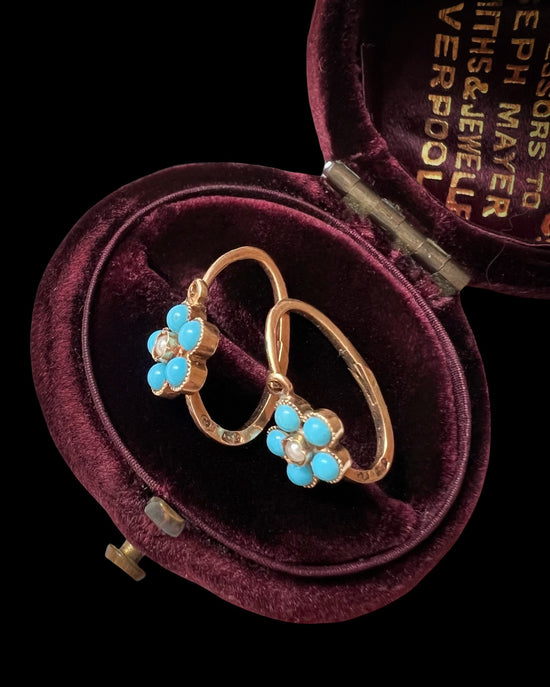 ANTIQUE TURQUOISE & PEARL FLOWER EARRINGS